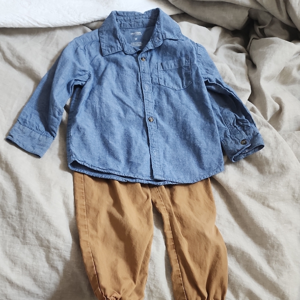Blue Button-Up Shirt and Tan Pants Set